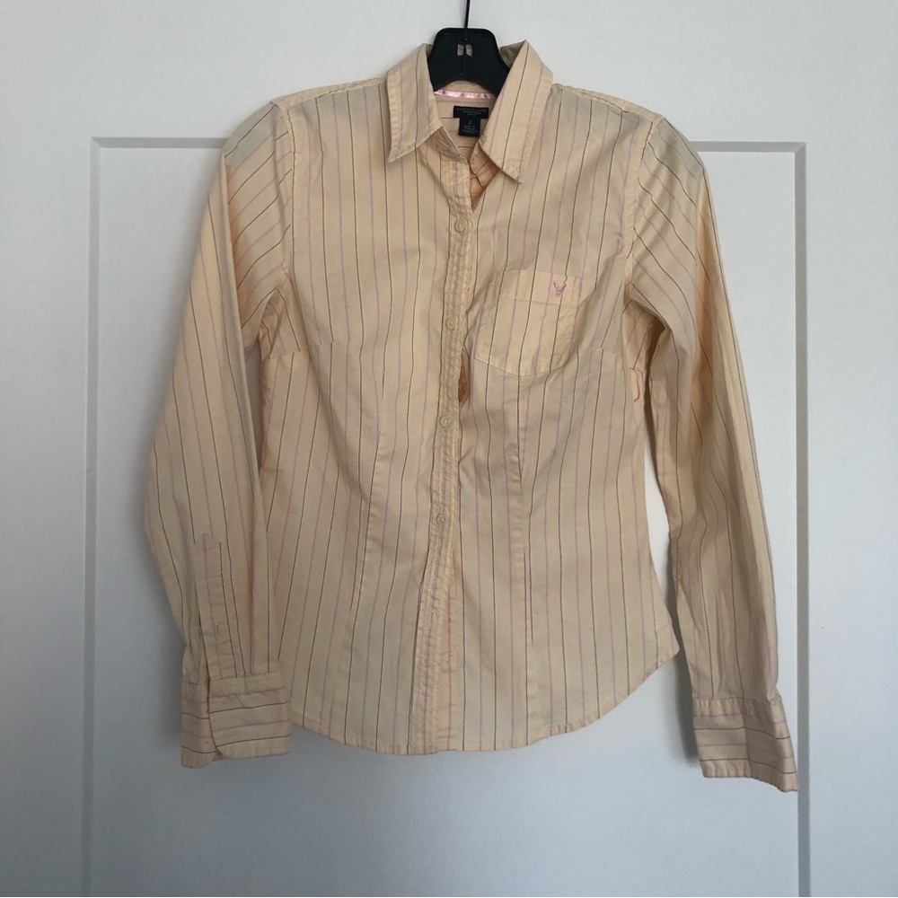 American Eagle AE Yellow Pink Stripes Cotton Stretch Long Sleeves Top Shirt 0 XS